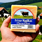 **

A close-up photo of a hand holding a piece of "Friese Nagelkaas" (Frisian Clove Cheese) with a Protected Designation of Origin (BOB) label. In the background, a traditional Frisian landscape with cows and a small village. The cheese should look artisanal and appealing, emphasizing its unique texture and the cloves embedded within. The lighting should be warm and inviting, suggesting authenticity and tradition.

**