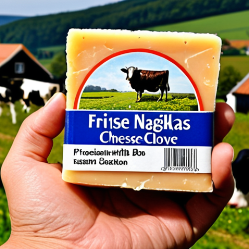 **

A close-up photo of a hand holding a piece of "Friese Nagelkaas" (Frisian Clove Cheese) with a Protected Designation of Origin (BOB) label. In the background, a traditional Frisian landscape with cows and a small village. The cheese should look artisanal and appealing, emphasizing its unique texture and the cloves embedded within. The lighting should be warm and inviting, suggesting authenticity and tradition.

**