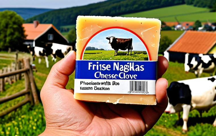 **

A close-up photo of a hand holding a piece of "Friese Nagelkaas" (Frisian Clove Cheese) with a Protected Designation of Origin (BOB) label. In the background, a traditional Frisian landscape with cows and a small village. The cheese should look artisanal and appealing, emphasizing its unique texture and the cloves embedded within. The lighting should be warm and inviting, suggesting authenticity and tradition.

**